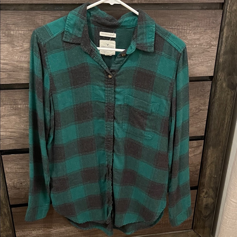 Green and Charcoal Plaid Button-Up Shirt